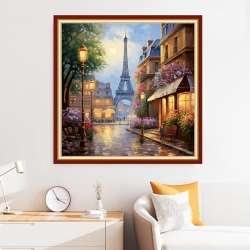 Image of Disxvivy Cross Stitch Stamped Full Embroidery Kits DIY 11CT Cotton Thread Printed DIY Needlepoint Kits Craft Needlework Set Cross-Stitch Stamped Sets-Flower Street Tower 18x18 inch