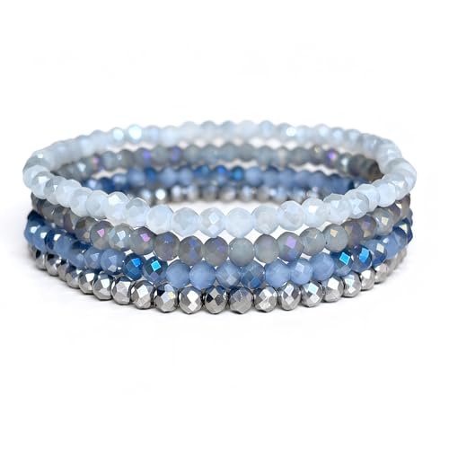 Lubrifico Boho Crystal Bracelet Set of 4pcs/set 4mm Beads Stackable Layering Stretch Bracelets for Women Friendship Gifts(blue)