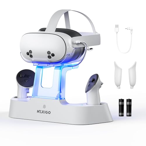 NexiGo Enhanced Charging Dock for Meta Quest 3 and 3S, with LED Light [On/Off], [Support Elite Strap with Battery], Headset Display Holder and Controller Mount, Rechargeable Batteries, White