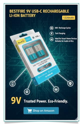 Image of Compatible with Bestfire 9V 1200mAh 6000mWh USB Type-C Rechargeable Li-ion Battery (Pack of 2)