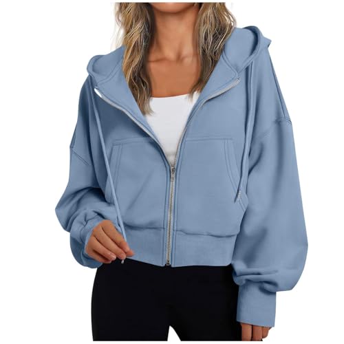Image of ZSIQOII Womens Zip Up Hoodie UK Crop Full Zip Up Jackets Oversized Long Sleeve Solid Color Hoodies for Autumn and Winters All Day Comfort Blue L