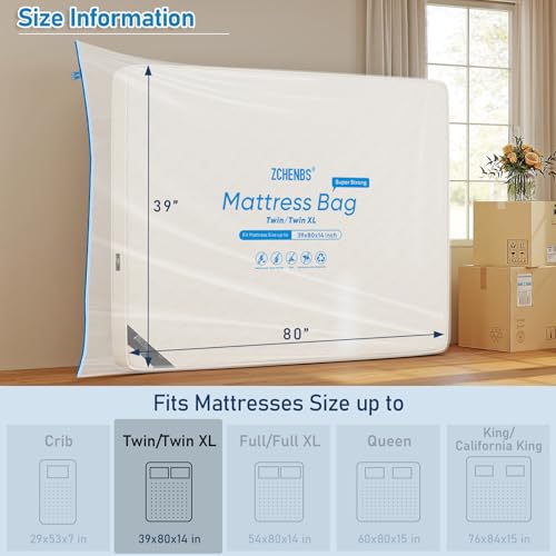 Image of ZCHENBS - Twin /Twin XL Mattress Bags for Moving, Waterproof Mattress Storage Bag with Zipper, Heavy-Duty 5 Mil Ultra-Thick Bed Protector Cover for Moving, Reusable (Transparent /Blue, 1 Pack)