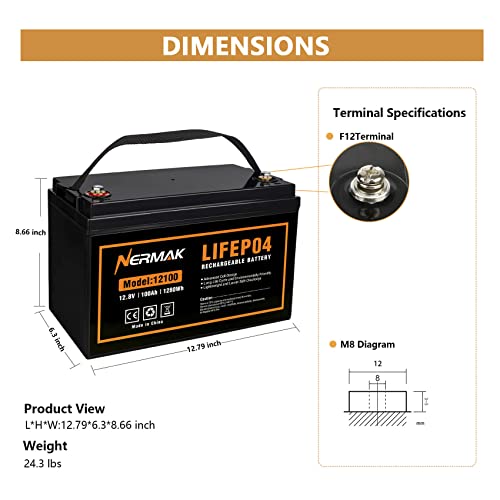 image for NERMAK 12V 100Ah Lithium LiFePO4 Deep Cycle Battery, 4000+ Cycles Lith