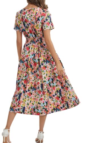 Image of Kormei Women Casual Boho V Neck 3 /4 Sleeve Smocked Waist A Line Flowy Swing Midi Dress Smocked Long Dress