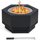 SUNJOY Smokeless Fire Pit 26-Inch Hexagonal Firepit for Patio and Outdoor, Stainless Steel Wood Burning Fireplace with PVC Cover and Fire Poker, Ideal for Camping, Bonfire, and Backyard, Black