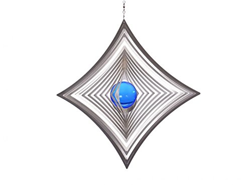 ILLUMINO Edelstahl Windspiel Quadratisch M - hochkant konkav mit kobaltblauer 50mm Glaskugel, Windspiele für draußen hängend, Gartendeko für draußen, Fensterdeko hängend Cover