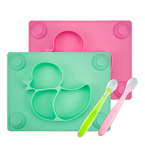 Baby Placemat with Baby Spoons (2 Sets) - 2X Silicone Baby Plates with Suction Cups Plus 2X Silicone Infant Feeding Spoons for Toddlers, Kids and Children (Pink &Green)