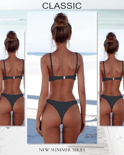 Ensemble de Bikini Femme Maillot de Bain Sexy Triangle inférieur supérieure rembourrée Couleur Unie Maillot de Bain pour Filles - Grey, Size: Large – vue 2