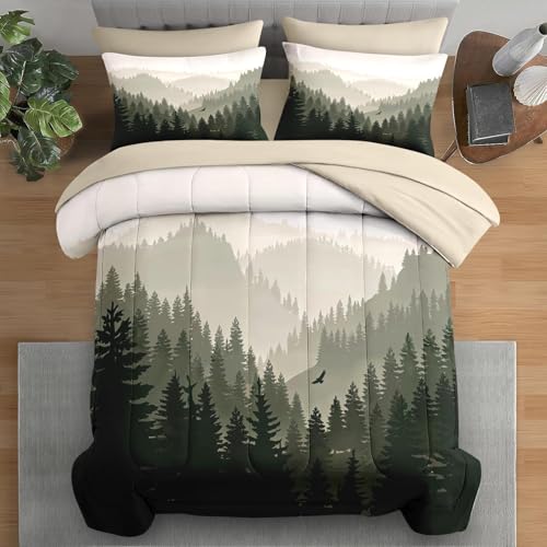Pamnest Comforter Set Twin Size, Mountain Pine Tree 5 Pcs Bedding for Kids and Adults, Natural Forest Landscape Bed Sheet Sets with Fitted Sheet Pillowcase & Sham