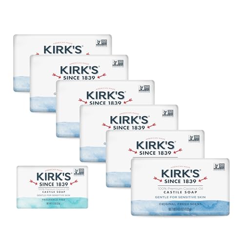 Kirks Castile Bar Soap Original Fresh Scent - Clinically Tested Safe for Sensitive Skin with Coconut Oil Vegan and Non-GMO - 4 oz Bars 6 Pack and Fragrance Free Travel Bar
