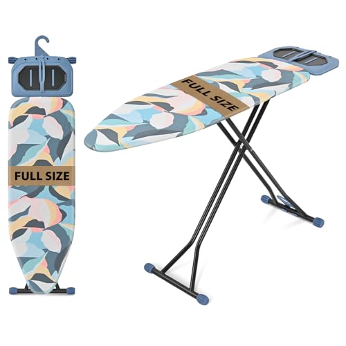 KINGRACK Ironing Board 115x38cm, Metal Panel Foldable Full Size Ironing Board with Iron Rest, 7 Height Adjustable, Heavy Duty Folding Iron Stand with Hanger, Blue