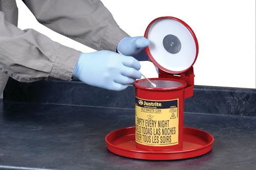 Image of Justrite 0.45 Gallon Galvanized Steel Mini Countertop Oily Waste Can, 10.5 inch x 7 inch Metal Oil Rag Safety Can with Hand Operated Self-Closing Lid for Oily Rag Disposal, Made in The USA, Red, 09400
