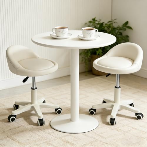 Image of Rolling Stool Chair with Backrest, Round PU Leather Adjustable Height Hydraulic Swivel Rolling Stool for Spa Salon Tattoo Massage Doctor Dental Medical Office Beige Set of 2