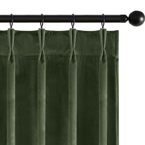 Image of MIULEE Velvet Pinch Pleated Extra Wide Olive Green Blackout Curtain 60x108 | Thermal Insulated, Luxury Window Drapes, Pleat Design for Sliding Glass Door Bedroom Living Room with Hooks, Set of 2