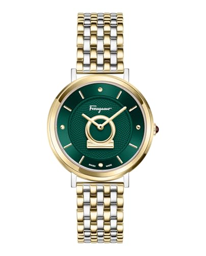 Ferragamo Minuetto Collection Luxury Womens Watch Timepieces with a Two Tone Bracelet and Case Featuring a Green Dial