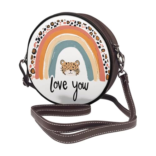 Sac rond cuir végétalien Leopard Rainbow de haute qualité avec sangle ajustable