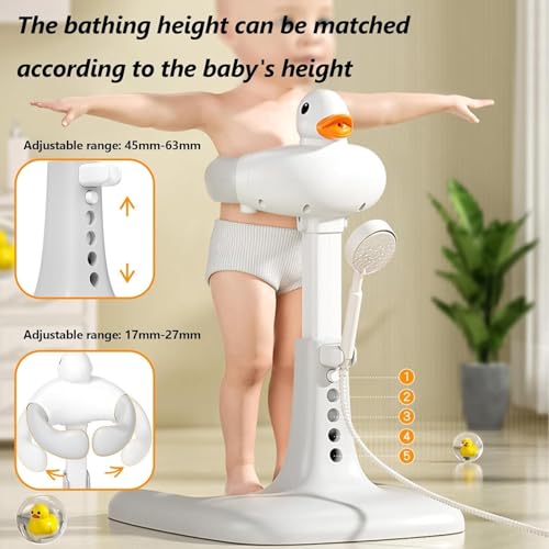 Image of ZYNTO Baby Shower Bath Stand with Adjustable Height, Non-Slip Base, Huggable Duckling, Baby Standing Bath with Cartoon Duck Safe Design Easy to Use Durable, Foldable Compact Aid for 6-36 Month Kids.