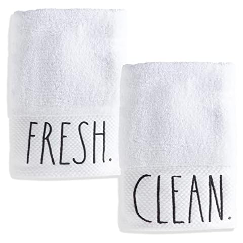 Rae Dunn Hand Towels, Embroidered Decorative Hand Towel for Kitchen and Bathroom, 100% Cotton, Highly Absorbent, Two Pack, 16x28, Embroidered Fresh/Clean Cover