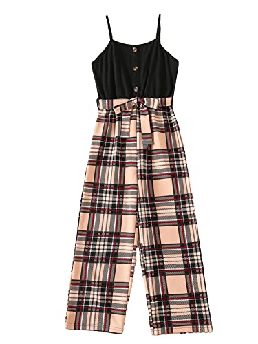 Shenhe Girl's Plaid Button Up Sleeveless Spaghetti Strap Belted Cami Jumpsuits Apricot Black 11-12Y #TOP28