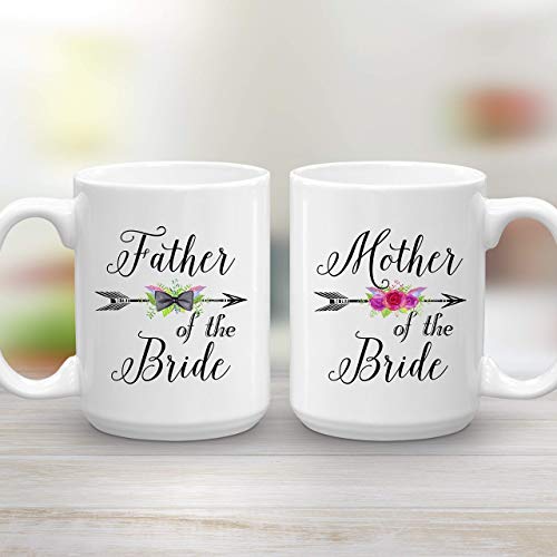 Mother and Father of the Bride Wedding Gift Mug Set, 2 Large 15 oz Coffee Mugs