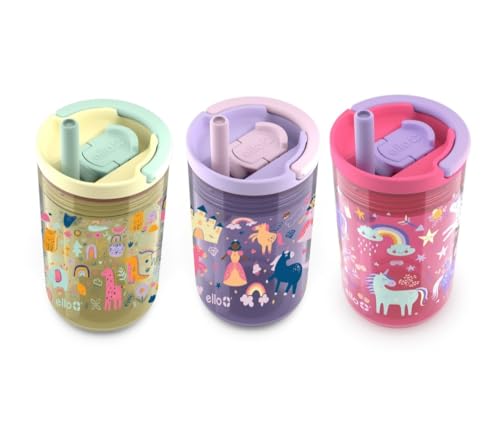 Ello Spill Resistant Tritan Tumbler With Removable Straw | Built In Carry Handle | 3 Pack (Animal/Princess/Unicorn)