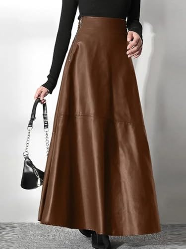 Pohullan Women Solid Pu Leather Maxi Skirts Casual High Waist Zipper A-Line Long Skirt2
