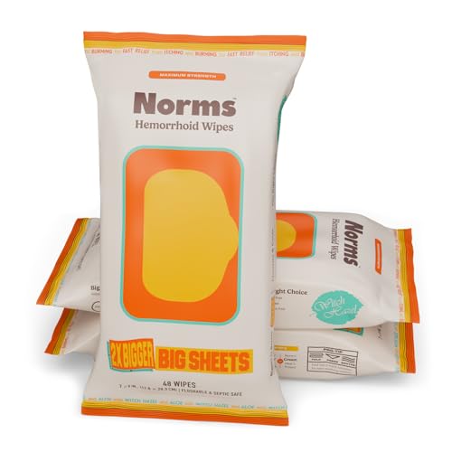 Image of Norms Big Sheets XL Hemorrhoid Wipes, Witch Hazel, Flushable, 48ct 3-Pack | At 7 by 8 inches, nearly twice the size of standard wipes, great postpartum compress, flushable, septic safe.