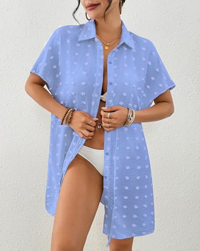 Women's Swiss Dot Short Sleeve Button Down Drawstring Cover Up Shirt Dress Blue — view 3