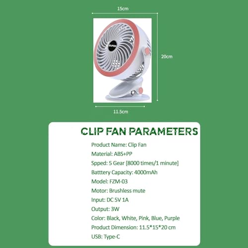 Image of efluky 4000mAh Rechargeable Clip Desk Mini Fan, Portable Table Fan, USB Rechargeable Clooing Fan for Men & Women, USB Battery Powered Quiet Personal Fan,5 Speed for Home Office Travel (Pink)