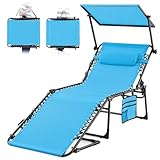 KING BIRD Chaise Lounge Beach Outdoor Chair w/Canopy Sun Shade, Heavy Duty 5-positon Adjustable Folding Tanning Recliner for Pool, Beach, Patio, Lawn, Camping Sunbathing, Reading, Oversized-Blue