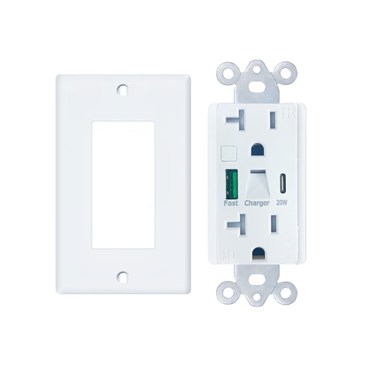 20A 110V–250V PD 20W Outlet with Night Light; USB-C Wall Outlet Featuring PD 20W Fast Charging and a USB-A Port Compatible with QC 18W, Tamper-Resistant Design, ETL Certified, White (20)
