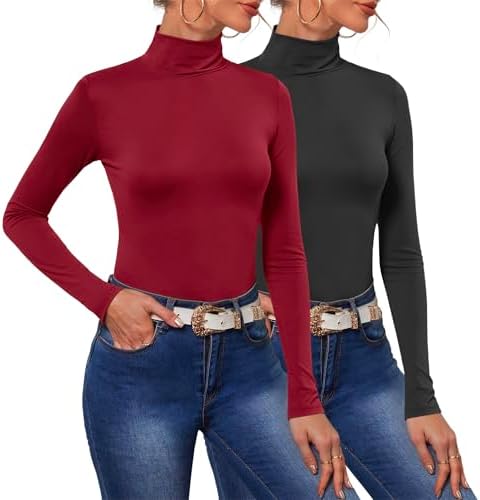 POPZONE 2 Pack Women's Turtleneck Long Sleeve Tops Mock Neck Slim Fit Shirt Basic Soft Lightweight Base Layer Undershirts
