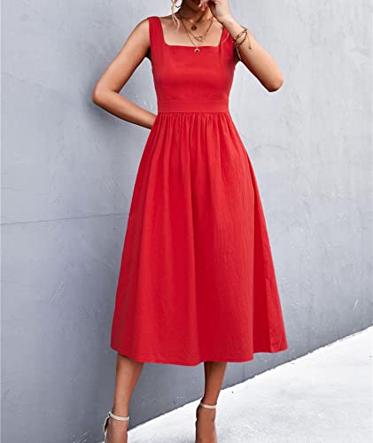 Image of xxxiticat Women's Square Collar Casual Dress Sleeveless Pleated A-Line Summer Beach Boho Elegant Backless Midi Dress