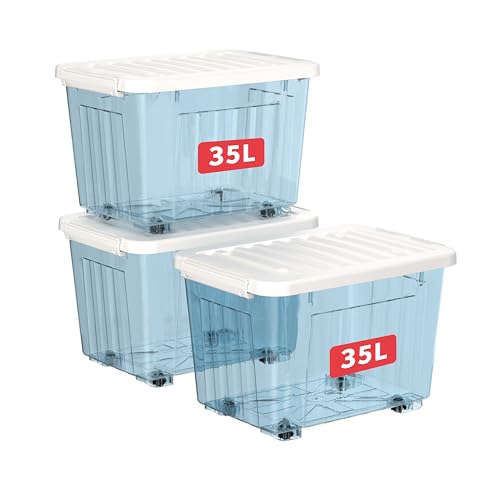 Cetomo 35L*3 Cajas de Almacenamiento con Tapas, Contenedores de Plástico con Ruedas, Clip On, Apilables, Encajables, Organizador Rayado para Oficina en Casa, Azul Claro, 35L-3 Pack