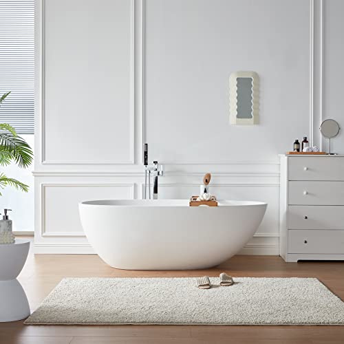 Cpingao Solid Surface Freestanding Bathtub 71 Inch, Egg Shell Shaped Stone Resin Freestanding Tubs, Contemporary Oval Soaking Tub With Overflow And Pop-Up Drain, Matte Whit #TOP5