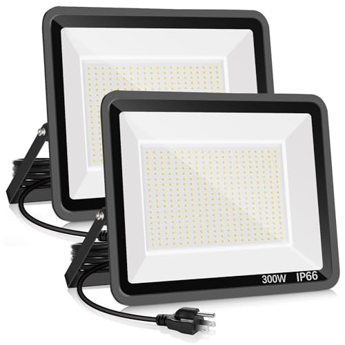 YANYCN 2 Pack 300W Warm White Led Flood Lights Outdoor,3000K Super Bright 43500LM Security Lights with Plug,Exterior IP66 Waterproof FloodLight for Basketball Court, Yard, Garden, Playground by YANYCN - Used condition - US$78.25