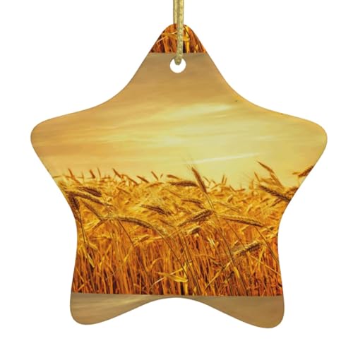 Árbol de Navidad con estampado de campo de trigo, decoración colgante de cerámica, adorno en forma de estrella para la familia