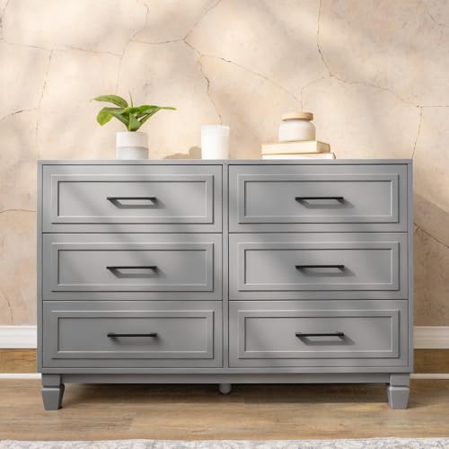 BERRY NEST Farmhouse Dresser for Bedroom 6 Drawer Dresser with Unique Solid Wood Legs Modern Wide Chest Dressers for Clothes Closet Living Room Grey