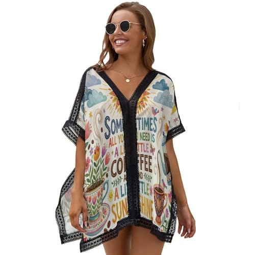 Mujer Vestido De Playa, Póster Étnico Pintado A Mano Bikini Cover Up De Encaje, Lindo Café con Flores Pareos Playa Mujer, Cubretraje De Baño, Verano Blusa Chal Sexy Camisolas para Vacaciones, Piscina