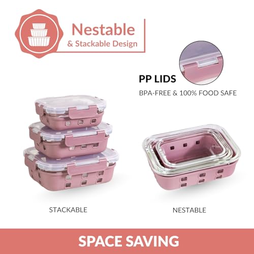 Image of Nestasia Gripso Glass Containers Set of 3 with Silicone Sleeve & Locking Lid (370ml, 600ml, 1000ml), Rectangle Food Storage Containers for Kitchen | Microwave, Dishwasher & Freezer Safe (Mauve)