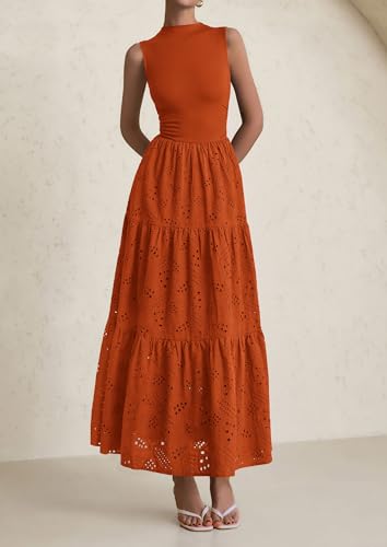 Image of PRETTYGARDEN Summer Dresses for Women 2026 Casual Eyelet Sleeveless Wedding Guest Maxi Dress Tank Top Sundress with Pockets