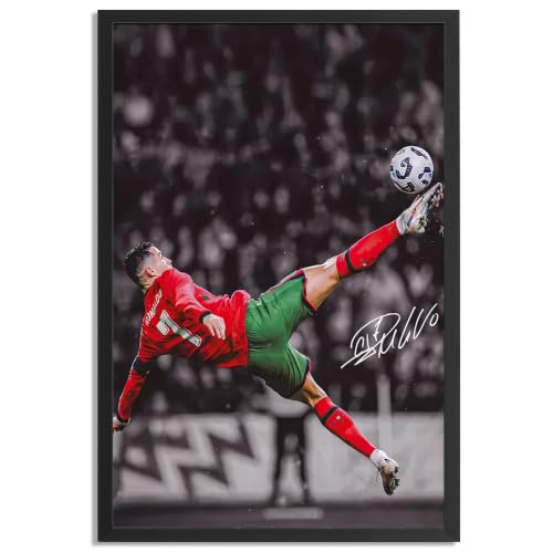 [Black Framed] Cristiano Ronaldo Soccer Legend Signed Soccer Poster Iconic Bicycle Kick Posters Canvas Prints Picture For Teen Boy Girls Gifts