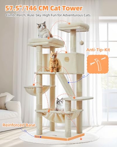 Image of Taoqimiao Cat Tree 57.5-Inch, Cat Tower for Indoor Cats Large Adult, Extra Large Cat Condo, 8 Sisal Scratching Posts, Metal Frame Cozy Hammock, Durable Scratch Board, 2 Top Perches, Beige MS026M