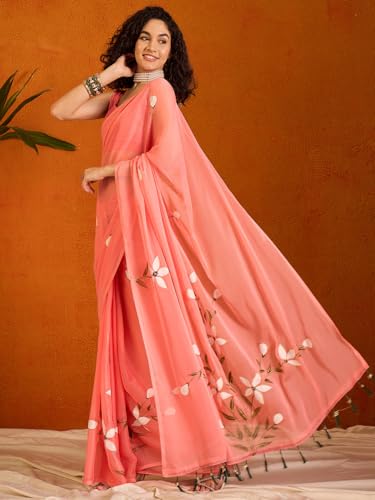 Image of SAREE MALL Women's Chiffon Daisy Floral hand paint Tassel Pallu Lightweight Summer Saree