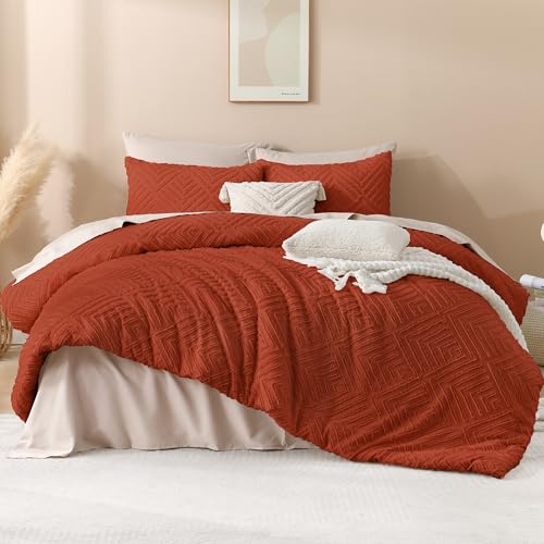 Image of Andency Full Size Comforter Sets Burnt Orange, Boho Lightweight Full Bed Set, Terracotta Fluffy Bedding Set & Collections, 3 Pieces Rust Tufted Design (79x90Inches, 1 Comforter and 2 Pillow Shams)