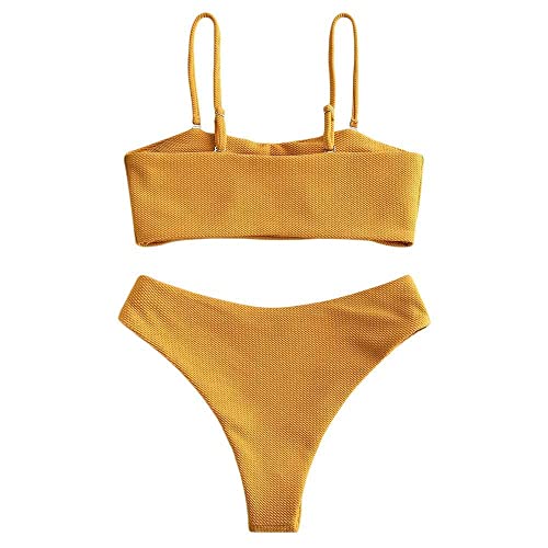 Zaful Women's Textured Bandeau Bikini Set Two Piece Strapless High Cut String Swimsuit Bee Yellow L #TOP3