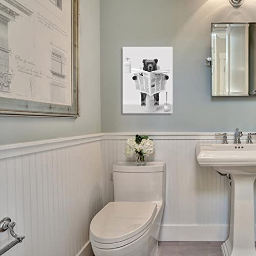 Black And White Wall Art Decor - Bear With Glasses Sitting In Toilet Reading Newspaper Canvas Prints Pictures Funny Animals Artwork For Bathroom Farmhouse Walls Decoration Framed 12"X16" #TOP2