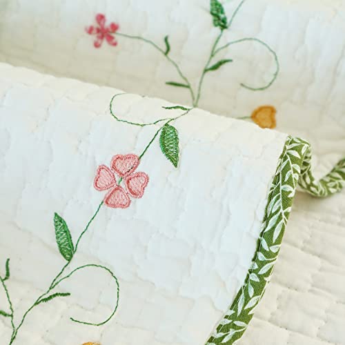 Evenhug 100% Cotton Quilt King Size Bedding Set Floral Lightweight Quilt Reversible Coverlet Bedspread With Pillow Shams All Seasons 3 Pieces (White&Green, King) #TOP5