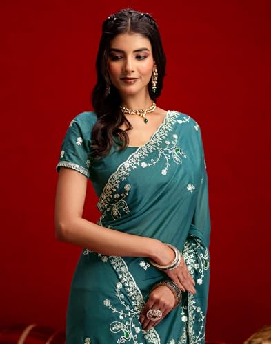 Image of SIRIL Women's Georgette Embroidery Saree With Unstitched Blouse
