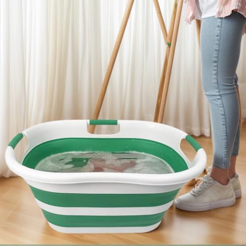 Image of SAMMART 40L (10.5 gallon) Set of 2 Collapsible Plastic Laundry Hamper - Foldable Pop Up Storage Container /Organizer - Portable Washing Tub - Space Saving Basket (2, White /Winter Green)